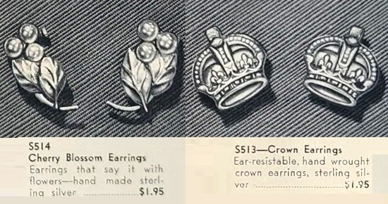 Cherry blossom and crown sterling silver earrings, 1940s