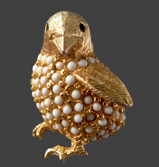 Chicken gold tone glass beads brooch