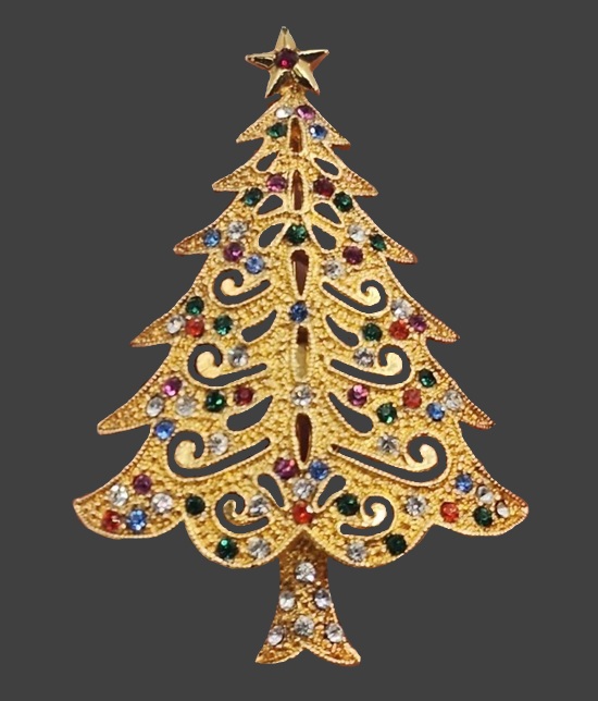Christmas tree multicolor rhinestone gold tone brooch