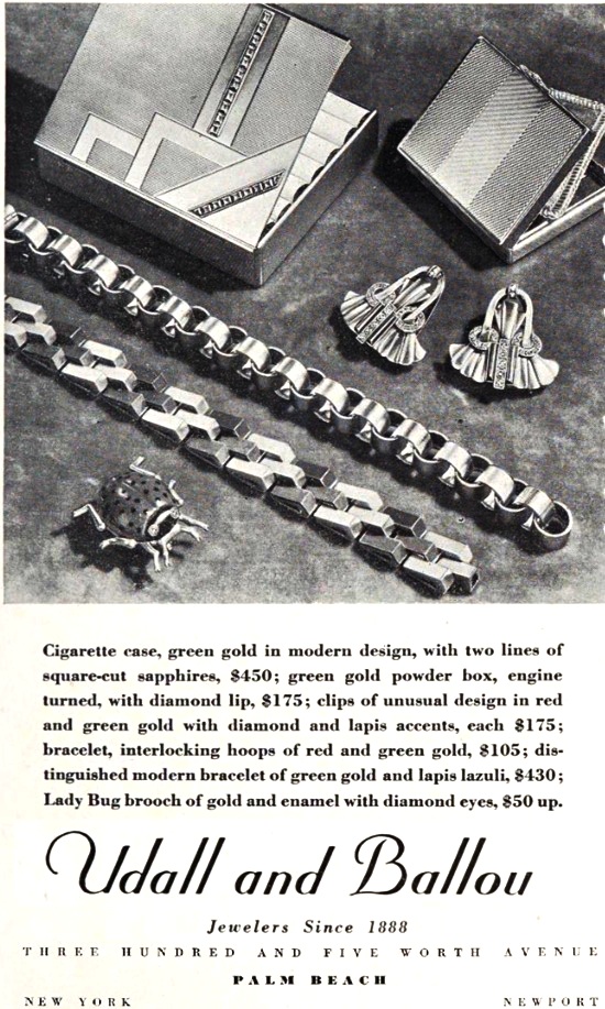Cigarette case, powder box, clips, bracelet and brooch, Udal and Ballou, January 1936 ad