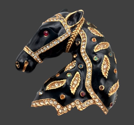 Circus horse head black enamel gold tone rhinestone brooch