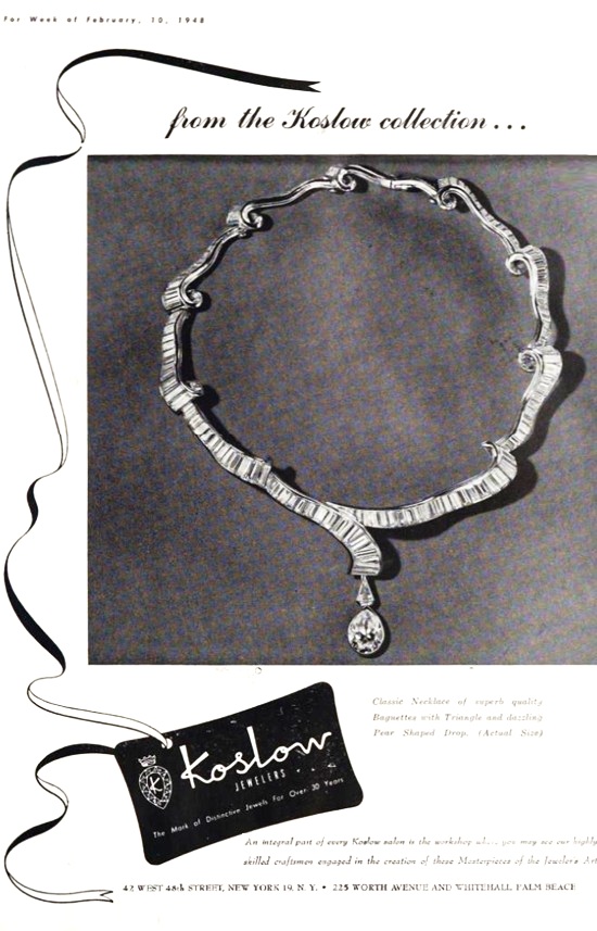 Classic diamond and platinum necklace, February 1948 ad