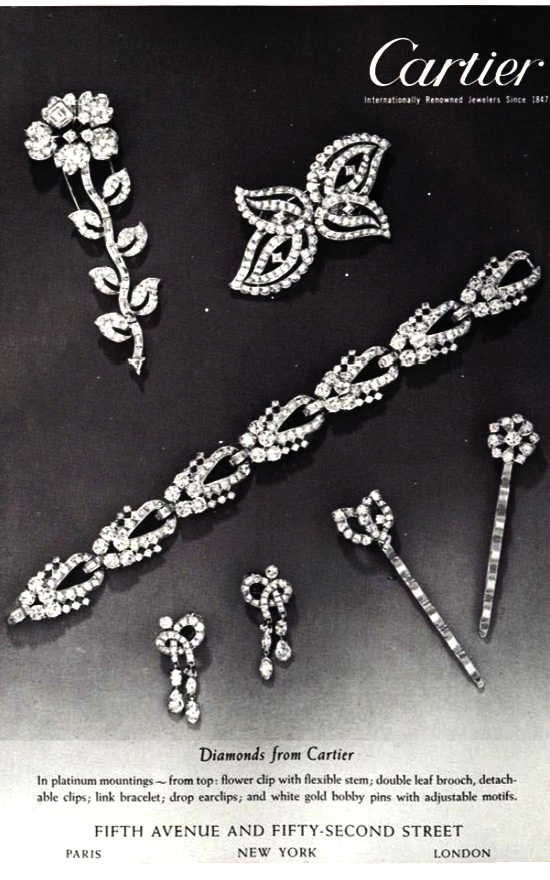 Clip, brooch, ear clips and pins in platinum and diamonds, February 1951
