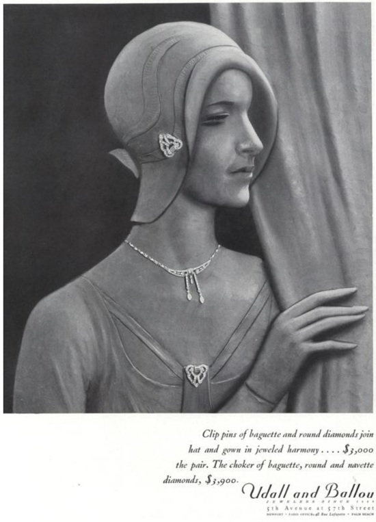 Clip pins of baguette and round diamonds, February 1930 ad