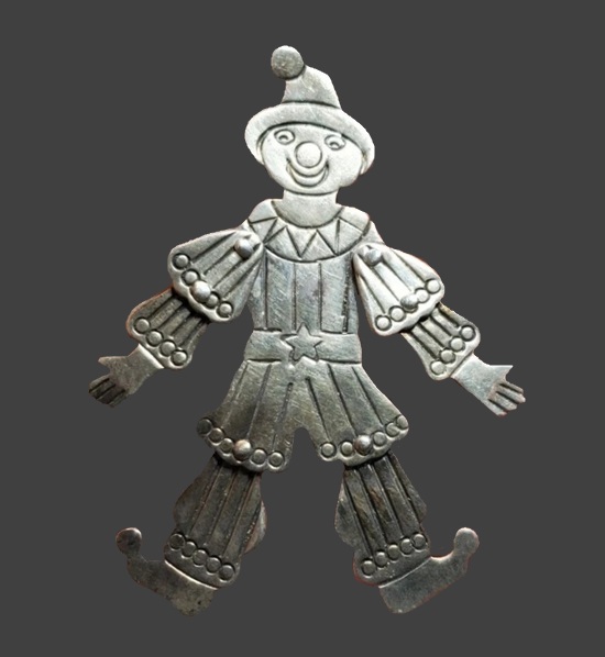 Clown articulated sterling silver brooch