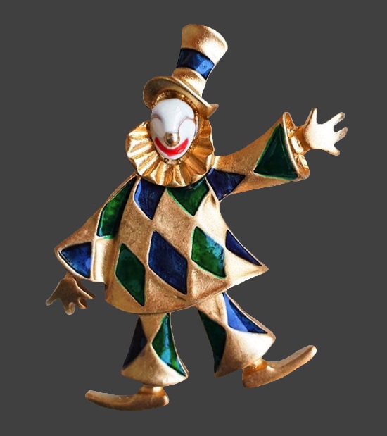 Clown gold tone enamel brooch pin