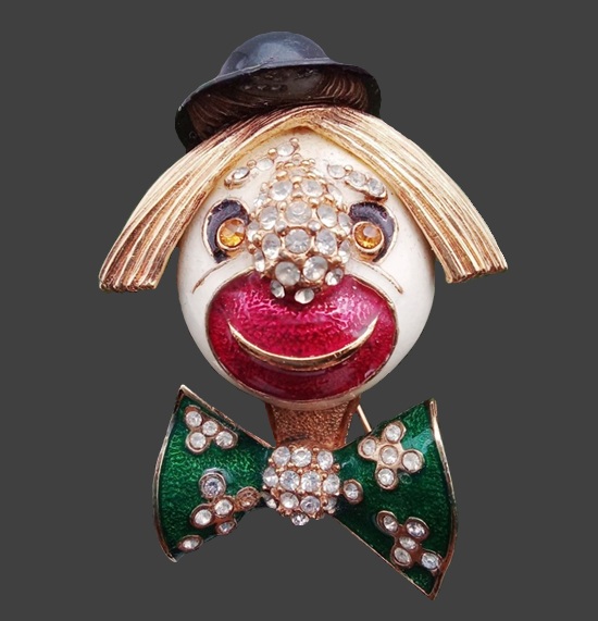 Clown head gold tone rhinestone enamel brooch pin