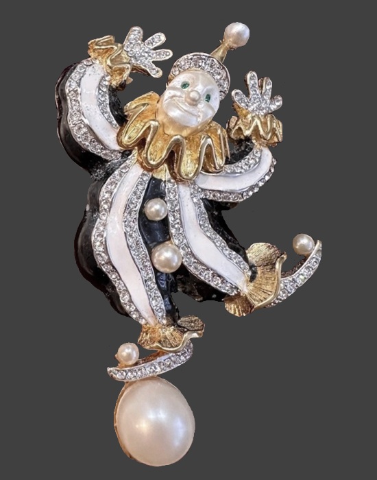 Clown rhinestone pave fake pearls, enamel brooch, Kenneth Jay Lane for Hattie Carnegie