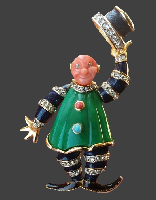 Clown rhinestones, plastic, lucite, enameled brooch