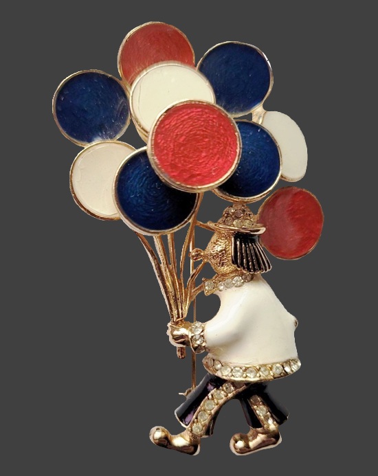 Clown with balloons gold tone enameled brooch