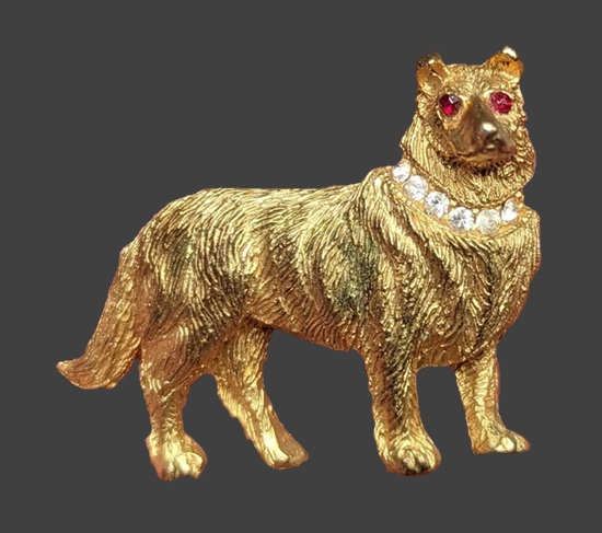 Collie gold tone rhinestone brooch pin