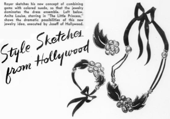 Colored suede jewelry with gems. February 1939 ad