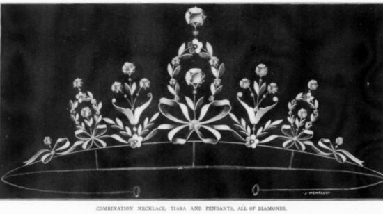 Combination necklace, tiara and pendants, all of diamonds, 1909