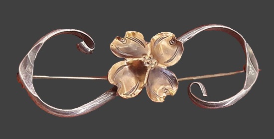 Copper and silver dogwood flower brooch pin