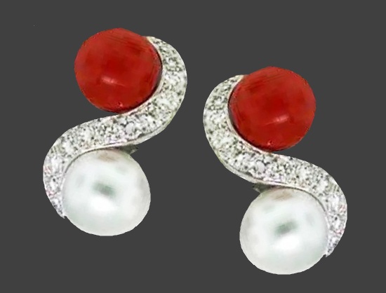 Coral pearl diamond gold earclips