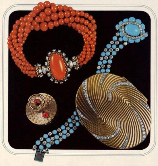 Coral, turquoise, diamonds gold jewelry, Tatler 1964 ad