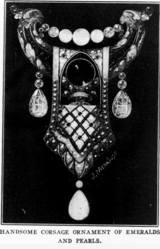 Corsage ornament of emeralds and pearls, 1916