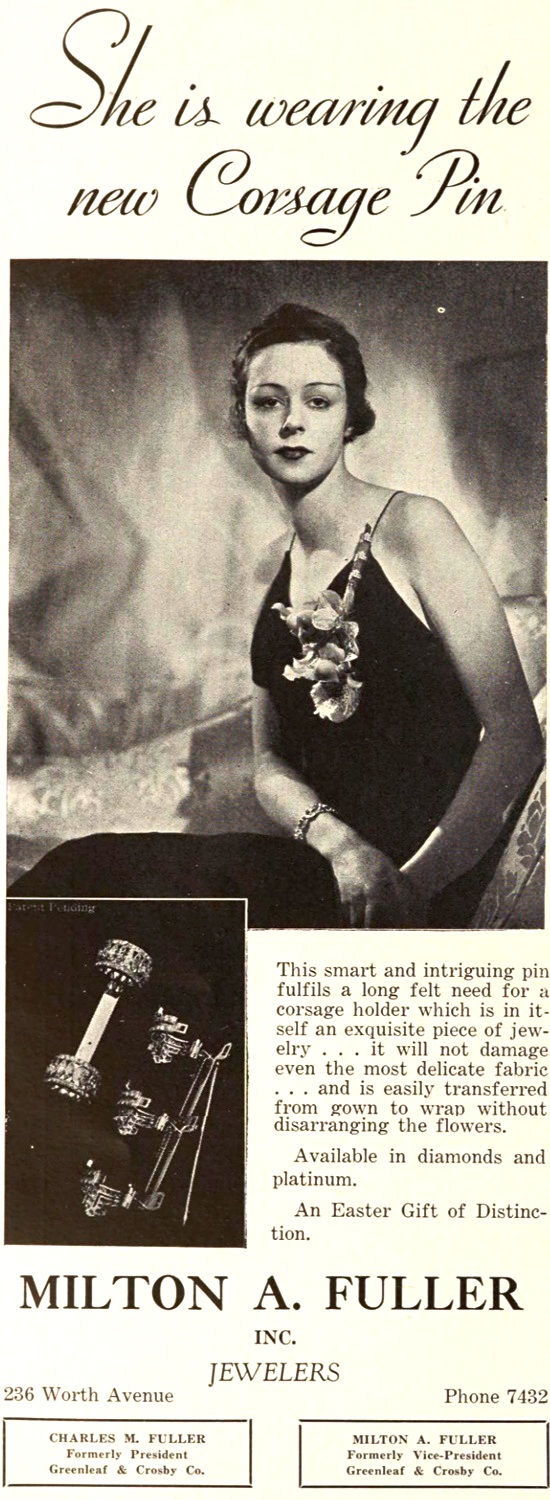 Corsage pins in diamonds and platinum, March 1934 ad