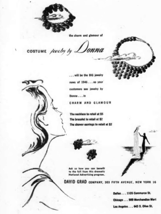 Costume jewelry by Donna, February 1946 ad
