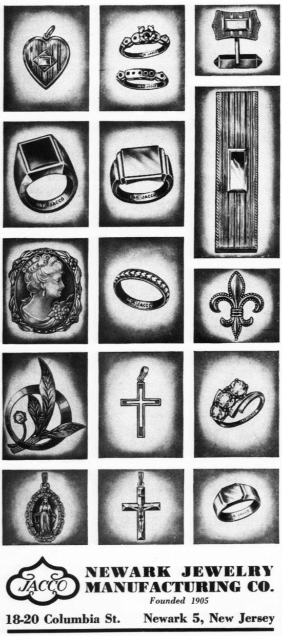 Crosses, lockets, cuff links, ladies’ stone rings, men’s stone rings, spray pins, cameos, brooches. The vast Jacco line of earrings, June 1949