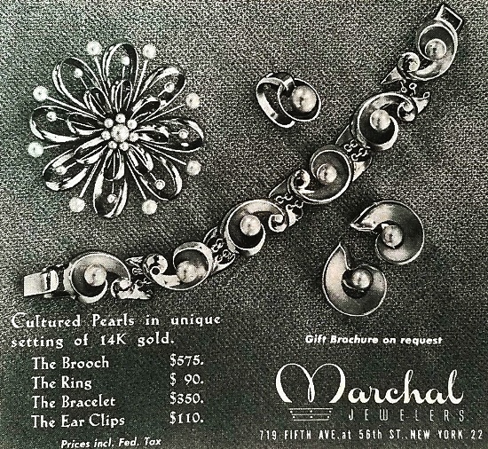 Cultured pearls 14 K gold brooch, ring, bracelet and ear clips, 1947 ad