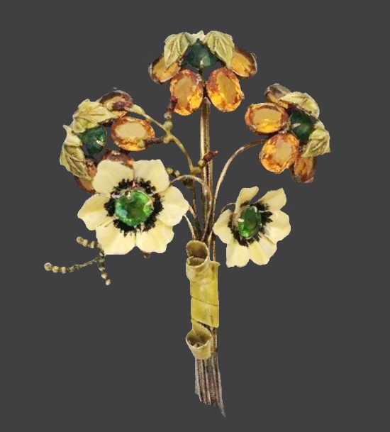 Daffodil flower bouquet enamel sterling silver brooch pin