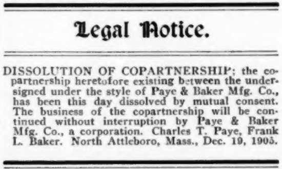 December 19, 1905 notice, Dissolution of partnership between Charles T Paye and Frank L Baker