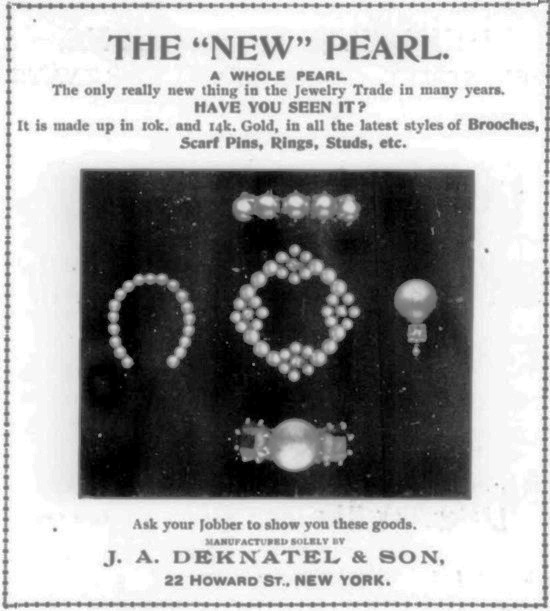 Deknatel 14k, Gold, in all the latest styles of Brooches, Scarf Pins, Rings, Studs, etc. January 1900 ad