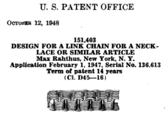 Design for a link chain for a necklace, USA Patent Office, 1947