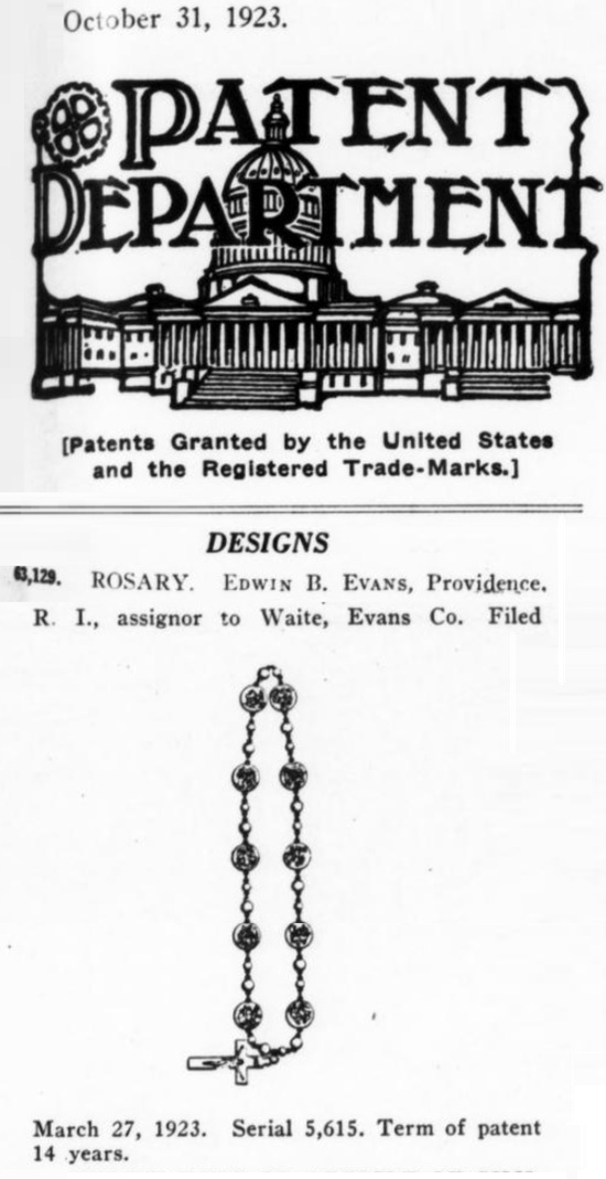 Design for rosary patented in 1923, author Edwin B Evans