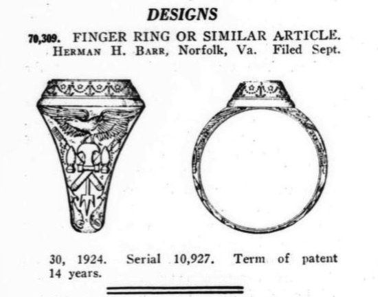 Design of finger ring patented by Herman H Barr, 1924