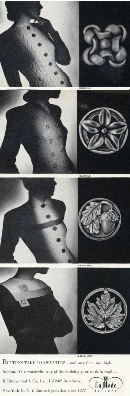 Designed La Mode buttons, Vogue August 1947