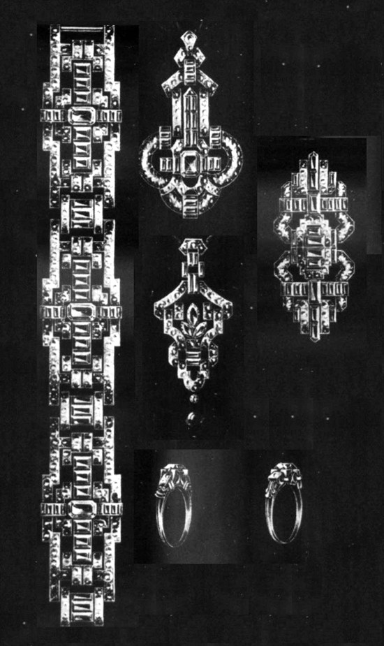 Designed by Byard F Brogan bracelet, pendants, rings, combination clip brooch of diamonds, set in platinum, the brooch is formed of two clips. March 1932