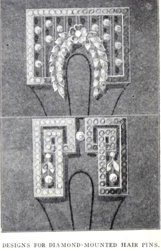 Designs for diamond-mounted hair pins, 1910