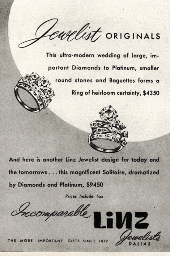 Diamond and platinum rings, Vogue October 1946 ad