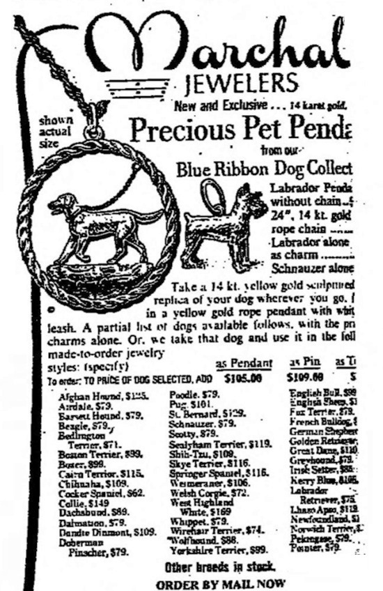 Dog breeds 14 K gold charms, The New York Times 1975 ad