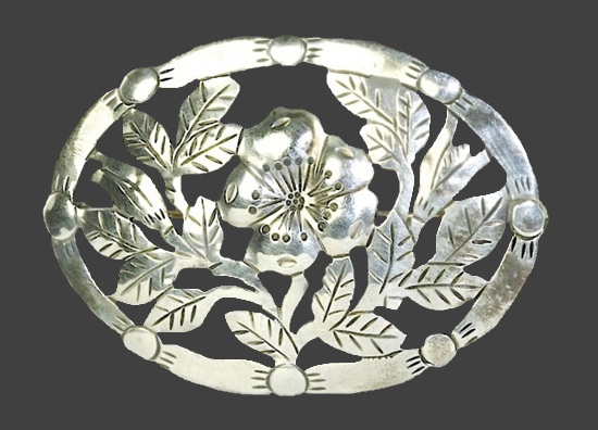 Dogwood flower leaves oval shape cutout sterling silver brooch pin