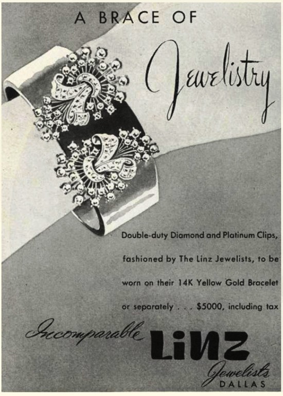 Double - duty diamond and platinum clips worn on gold bracelet or separately, November 1946 ad