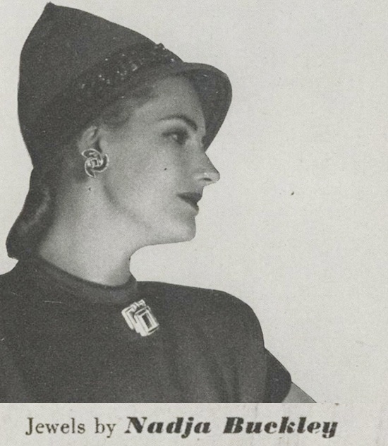 Earrings and brooch by Nadja Buckley, Vogue October 1945 ad