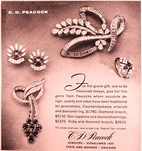 Emerald ruby sapphire diamond jewelry, 1955 ad