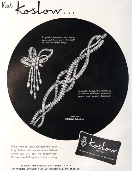 Exquisite baguette and round diamond clip and bracelet, February 1951 ad