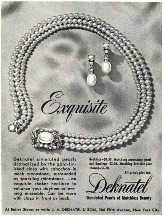 Exquisite pearl necklace and earrings, Vogue October 1951