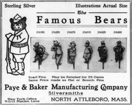 Famous bears sterling silver scarf pins, 1907
