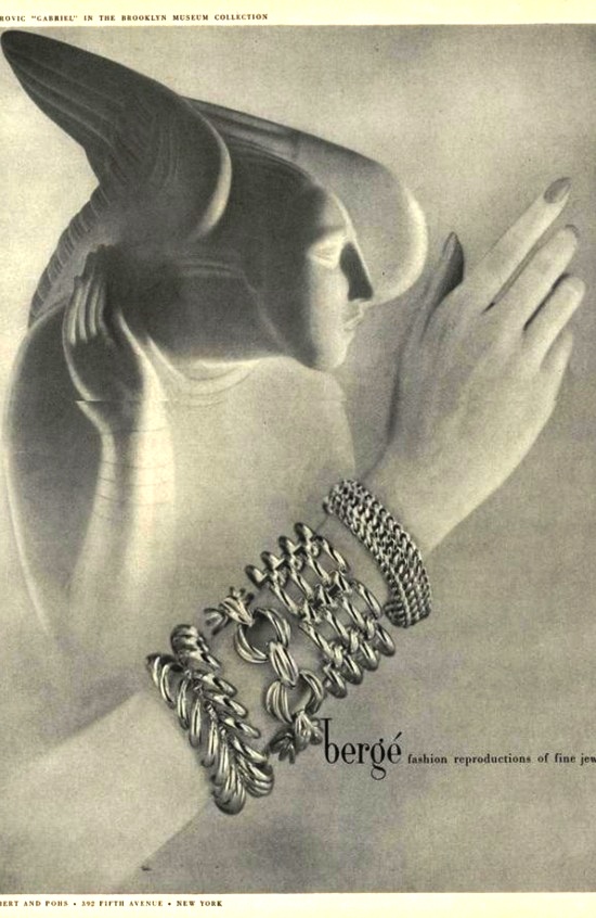 Fashion reproductions of fine jewelry, Vogue March 1947 ad