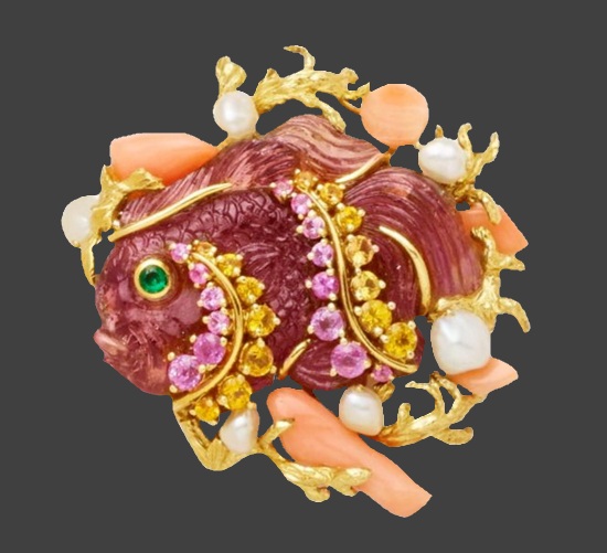 Fish coral tourmaline pearl gold brooch