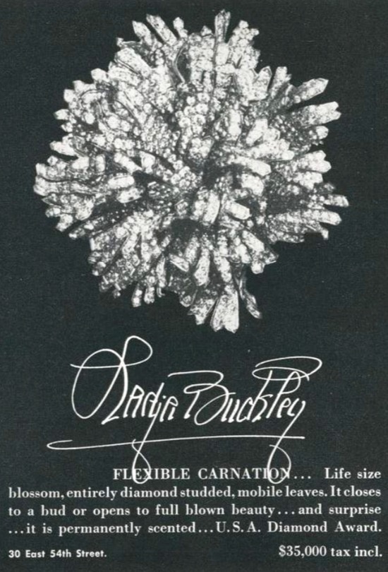 Flexible Carnation life size blossom, entirely diamond studded, USA Diamond Award, $35,000, Vogue December 1954 ad