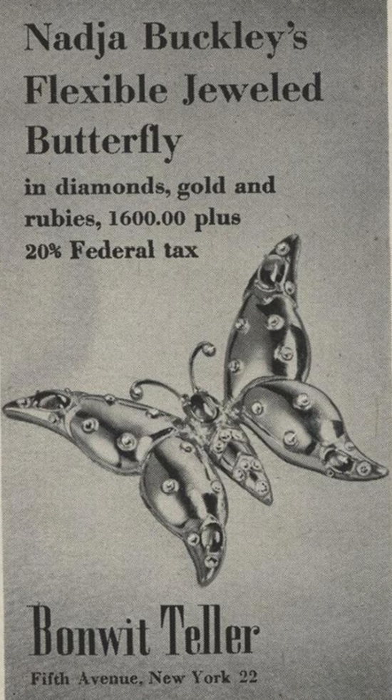Flexible jeweled butterfly in diamonds, gold and rubies, December 1944