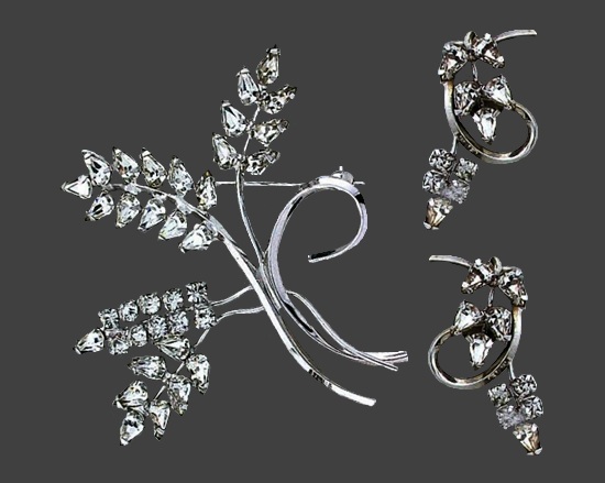 Floral design rhinestone sterling silver brooch pin and earrings