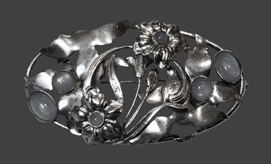 Floral design sterling silver glass brooch