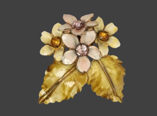 Flower bouquet gold plated sterling silver rhinestone enamel brooch pin
